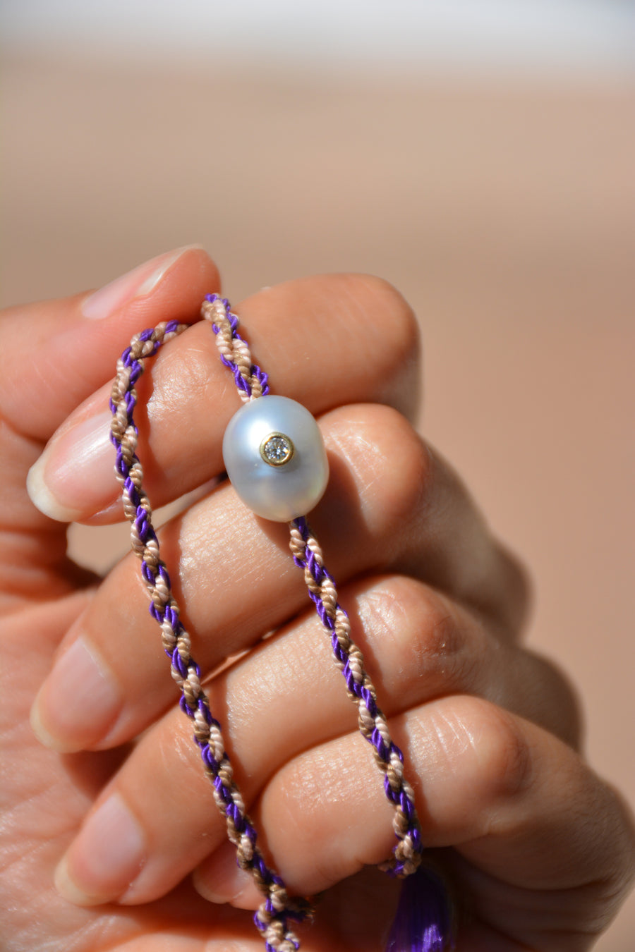 Silk Bracelet ULTRAVIOLET with Maxi White Pearl and Diamond